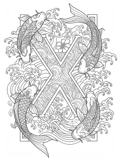 The letter X encircled by detailed Japanese koi fish and stylized water waves, highly intricate for adult coloring.