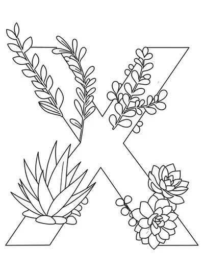 Letter X coloring page with outlines of minimalist leaves and succulents for teens.
