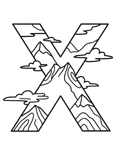 Letter X coloring page with mountain peak outlines for teens.