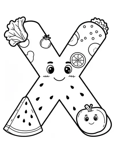 Coloring page with letter X, watermelon slice, and simple food items, easy outlines