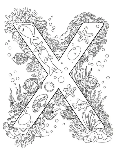 Intricate letter X coloring page with underwater sea creatures, coral, and ocean elements