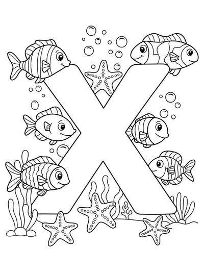 Easy coloring page of letter X with simple fish, starfish, and bubbles under the sea