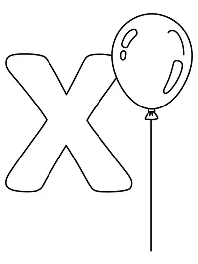 Coloring page with a large letter X and a simple balloon illustration for birthday fun.