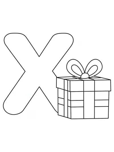 Coloring page showing a big letter X and a simple Christmas present box for preschool coloring.