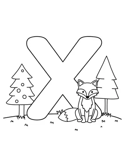 Large letter X with a simple fox and trees, designed for easy preschool coloring.