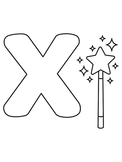 Coloring page with a large letter X and a simple magic wand for preschool fantasy fun.