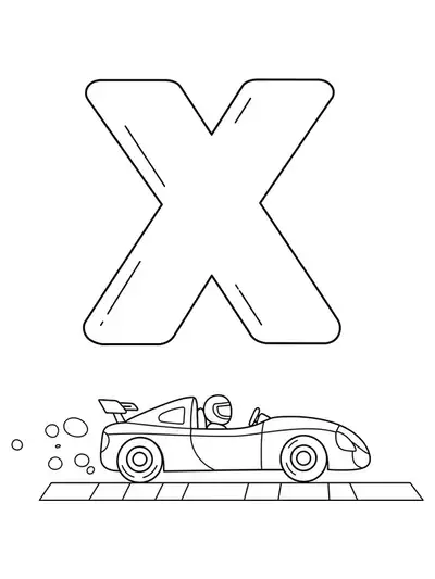 Coloring page with a large letter X and a basic racing car at a finish line for preschoolers.