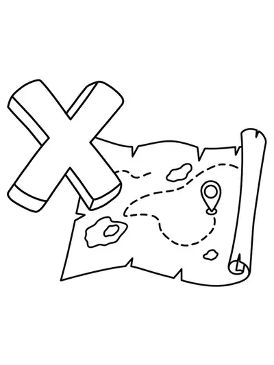 Coloring page with a large letter X and a basic treasure map for preschool pirate adventures.
