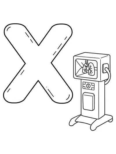 Large letter X with a simple x-ray machine outline for preschool community helper theme.