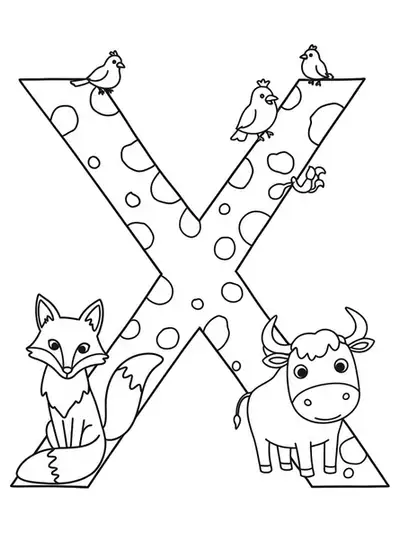 Letter X with zoo animals including fox, ox, and birds, medium coloring page for preschool