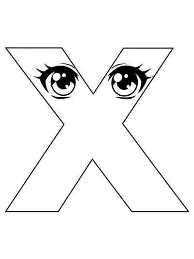 Letter X coloring page with simple anime eyes design for teens.