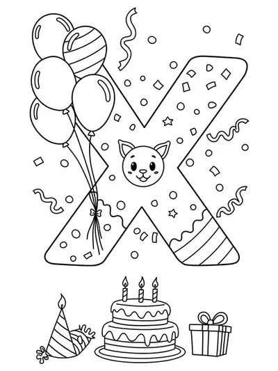 Letter X with balloons, confetti, and birthday cake, medium preschool coloring page for celebrations