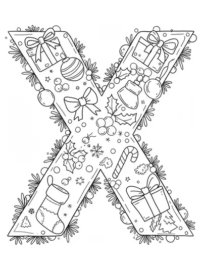 Letter X coloring page with Christmas ornaments, candy canes, and holly decorations for kids.