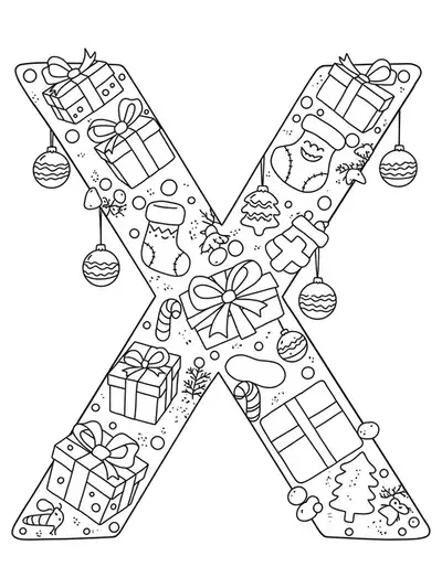 Letter X surrounded by Christmas presents and decorations, medium detail coloring page for preschool