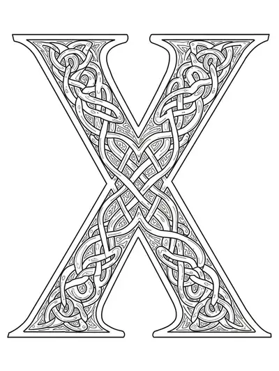 Letter X interlaced with detailed and complex Celtic knotwork patterns, intricate and suitable for adult coloring.