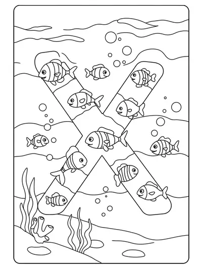 Letter X with x-ray fish and underwater plants, medium detail preschool coloring page
