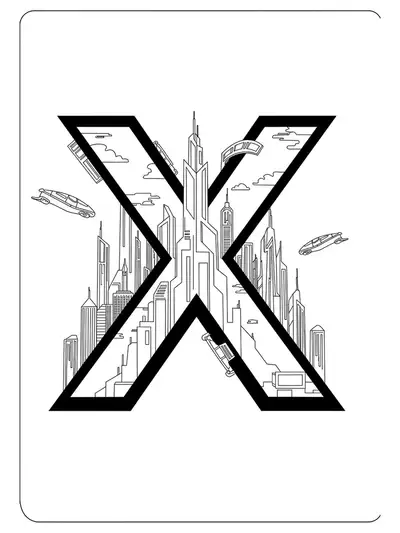 Easy coloring page of letter X with a futuristic city skyline and flying vehicles for teens.