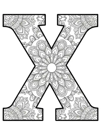 Complex mandala art forming and surrounding the letter X, with fine and detailed patterns, suitable for adults.