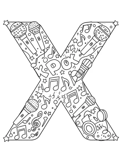 Coloring page of letter X with K-Pop themed music notes and accessories for teens.