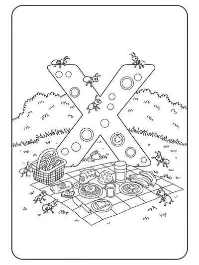 Letter X with picnic food on a blanket and ants, medium coloring page activity for preschool