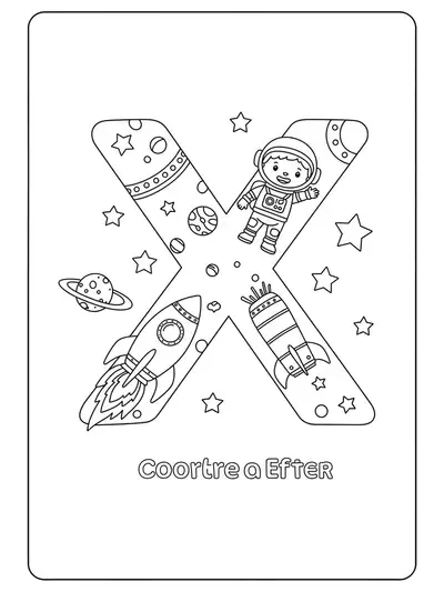 Letter X with an astronaut, rocket, and stars, space adventure coloring page for preschool