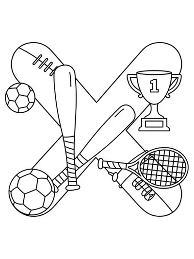 Letter X with various sports equipment and a trophy, medium detail preschool coloring page