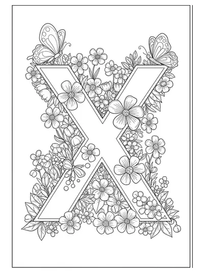 Letter X surrounded by spring flowers and butterflies, medium complexity coloring page for preschool