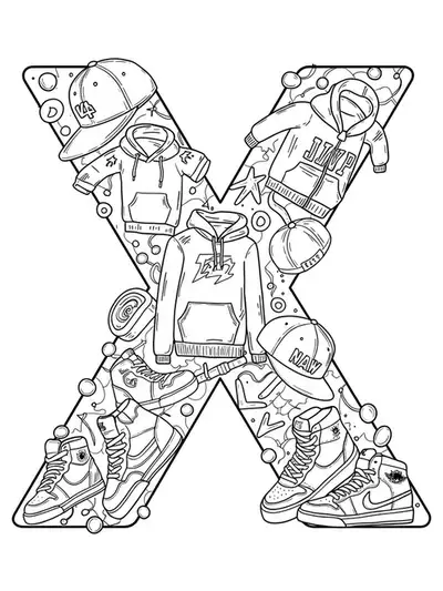 Coloring page of letter X with outlines of sneakers, hats, and hoodies for teens.