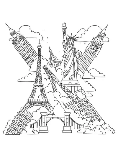 Easy coloring page of letter X surrounded by famous travel landmarks for teens.