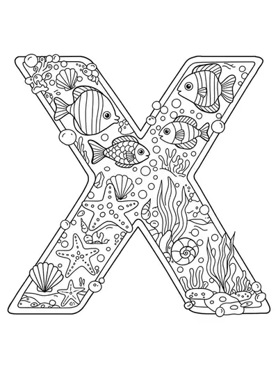 Letter X with fish, starfish, seaweed, and seashells, suitable for elementary-aged children.