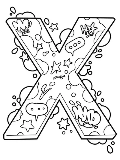 Letter X coloring page with graffiti-style outlines and accents for teens.