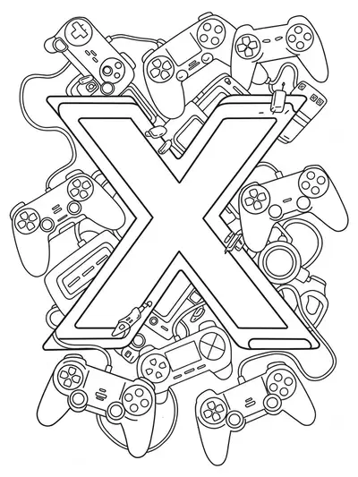 Letter X coloring page with outlines of video game controllers for teens.