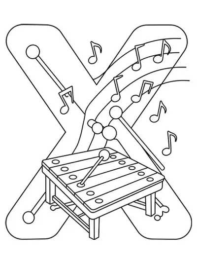 Letter X with a xylophone and musical notes, medium detail music-themed coloring page for preschool