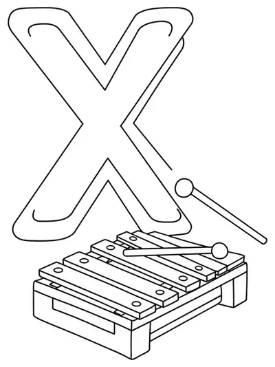 Simple coloring page with a large letter X and a basic xylophone for preschool kids.