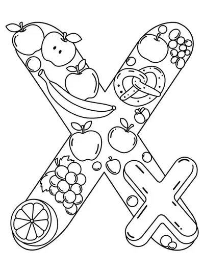 Letter X surrounded by apples, bananas, grapes, and an x-shaped pretzel, for kids to color.