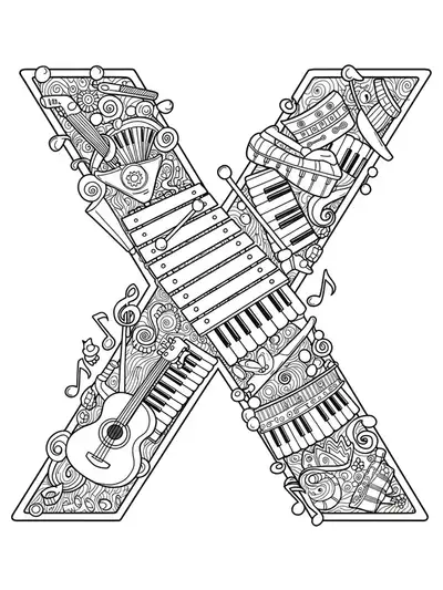 Letter X with a detailed xylophone, musical notes, and instruments