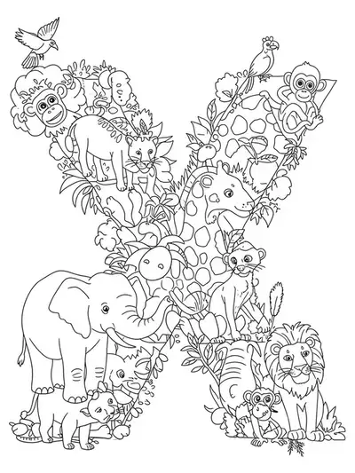 Letter X with detailed elephants, lions, monkeys, and birds in a zoo setting
