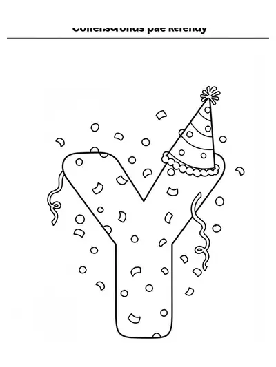 Large letter Y with a party hat and confetti, outlined in simple black and white for coloring.