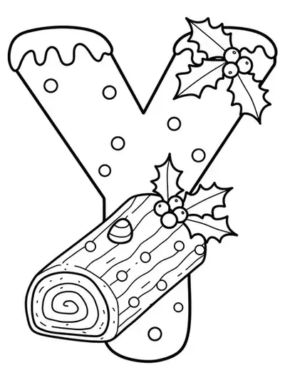 Large letter Y with a simple yule log cake decorated with holly, outlined in easy black and white style.