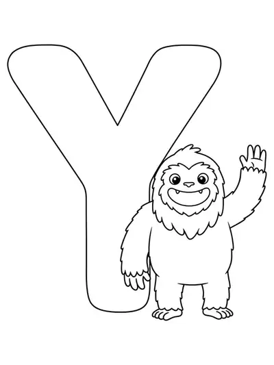 Large letter Y with a friendly, cartoon-style yeti waving, outlined simply in black and white.