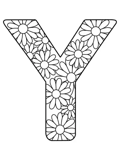 Large letter Y with big, simple daisy-like flowers next to it, all in easy black and white line art.