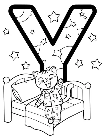Large letter Y with a yawning cat, bed, pajamas, and stars to color.