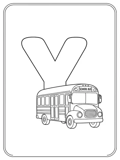 Large letter Y with a simple outline of a school bus, basic wheels and windows, in black and white.