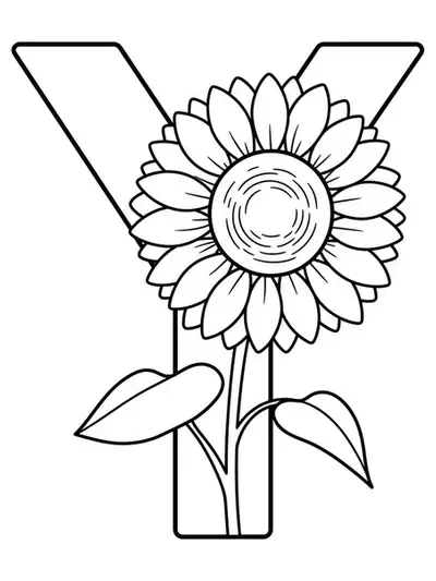Large letter Y next to a simple sunflower, big clear outlines for coloring.