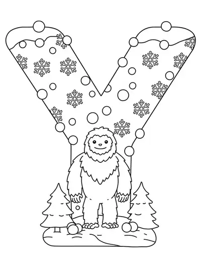 Large letter Y with a friendly yeti, snowflakes, pine trees, and snowballs.