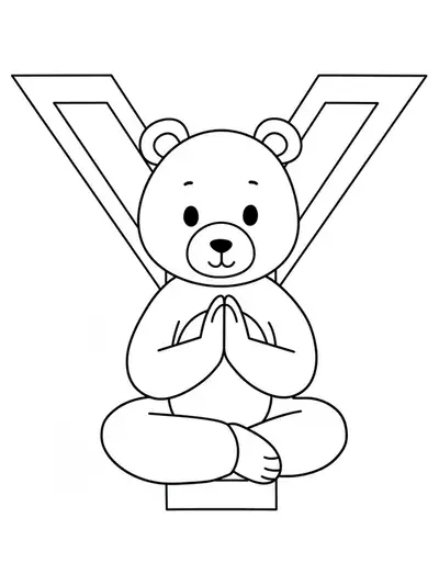 Large letter Y with a cartoon bear sitting cross-legged in a simple yoga pose, outlined simply.