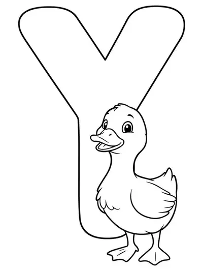 Large letter Y with a simple, cute duckling standing next to it, outlined in black and white.