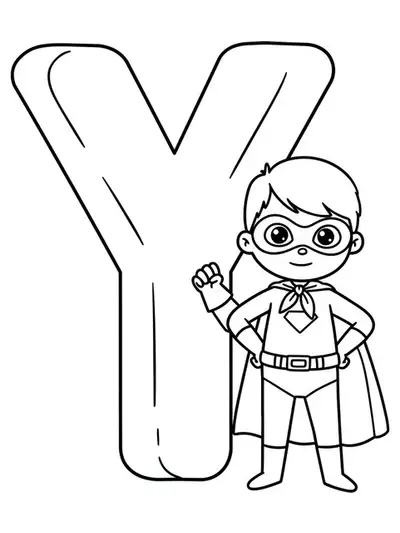 Large letter Y with a cartoon superhero child in a cape and mask, outlined in simple black and white.