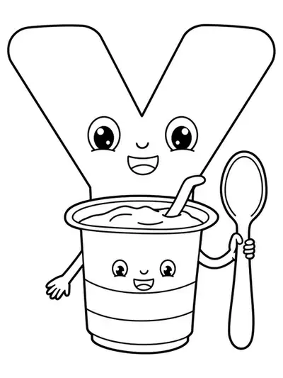 A large letter Y next to a cartoon yogurt cup with a spoon, outlined in simple black and white style.