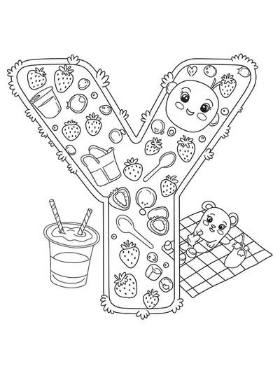 Large letter Y with yogurt cups, strawberries, and picnic items for coloring.